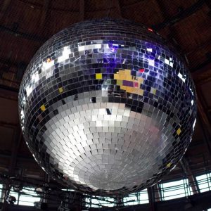 1.8m (50mm facet) silver mirror ball 12v Internal rotator incl 12v cable retractor inclDMX or 12v control incl single point rigging internal/external use approx weight - 150kg dry hire fee - £950